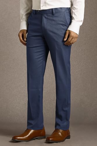 Men Navy Textured Flat Front Formal Trousers