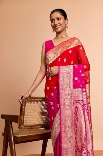 Taneira Women Red Pure Silk Georgette Cutwork Banaras Saree With Unstitched Blouse Piece (SAIP08AB6616-Red)
