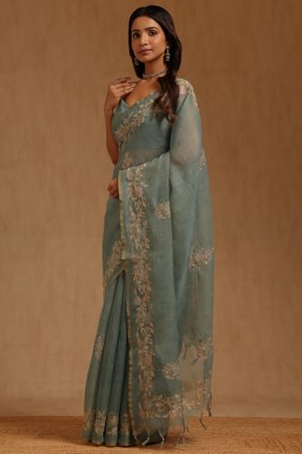 Soch Womens Green Linen Floral Printed Zari Embroidered Saree