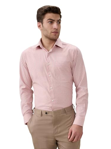 Raymond Men Slim Fit Checks Pattern Bamboo Polyester Blend Semi Cutaway Collar Full Sleeve Formal Shirt Orange