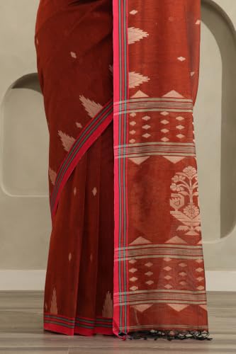 Soch Womens Rust Cotton Jamdani Woven Saree