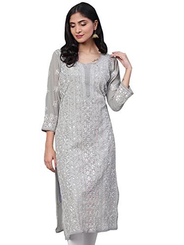 Ada Ladies Georgette Kurta with Slip Traditional Handcrafted Lucknow Chikankari Kurti Dress A411115 (Grey, XL)