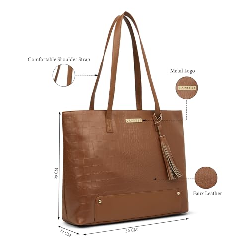 Caprese Sansa 16 Inch Laptop Large Tote Bag for Women | Stylish, Durable, Multi-Compartment Design for Work, Travel, Shopping | Comfortable Straps Shoulder and Handheld Bag for Daily Use (Tan)