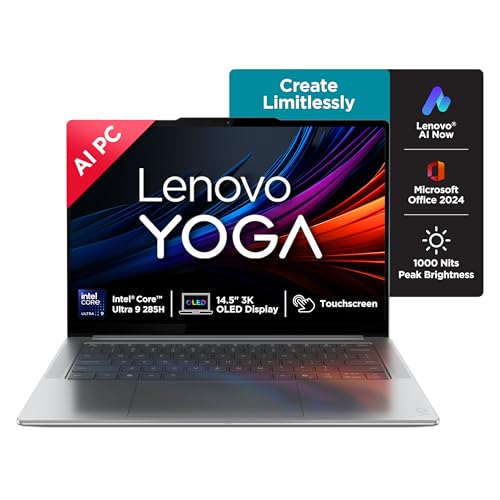 Lenovo Yoga Pro 7 Aura Edition Intel Evo Core Ultra 9 285H (32GB RAM/1TB SSD/14.5" (36.8cm)/3K OLED Touchscreen/AI PC/Copilot+ PC/Windows 11/Office Home 2024 AI Now/Grey/1.5Kg), 83KF004CIN