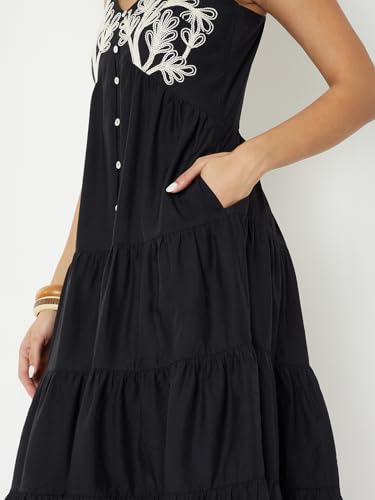 Max Women Embroidered Tiered Midi Dress (Black_XS)