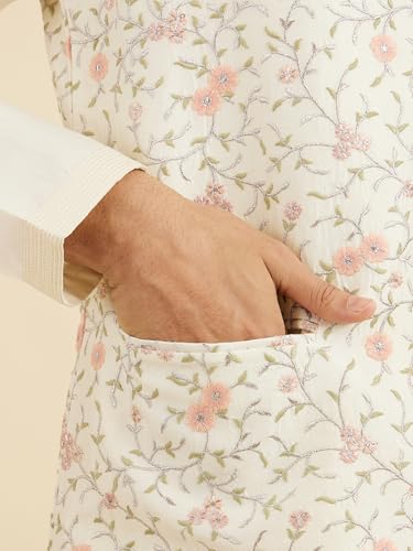 Manyavar Men's Art Silk Floral Embroidery Kurta Jacket Set (Cream,M)