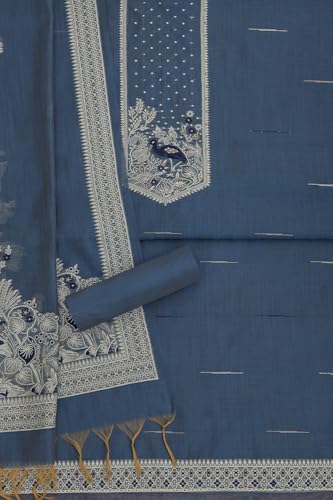 Soch Womens Blue Chanderi Woven Design Unstitched Dress Material With Beads