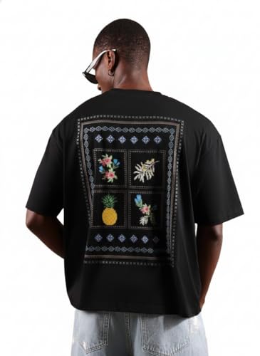 GURIK Men's Oversized Baggy Fit Drop Shoulder Printed Tshirt(SF-Mens-Oversize-Tshirt-Pine Apple-Black-XXL)
