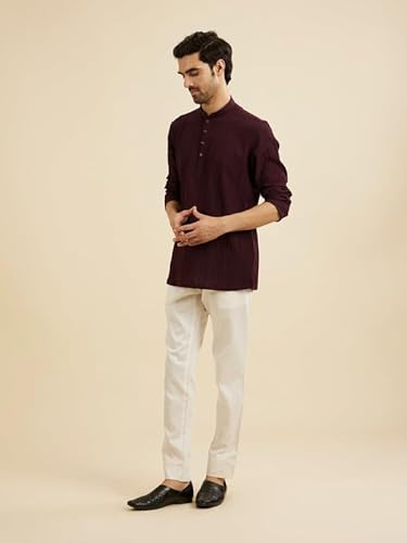 Manyavar Men's Spandex Textured Short Kurta (Wine,L)