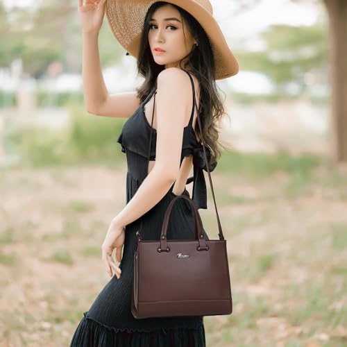 EXOTIC Women Feminina Solid Top Handle Tote Hand Bag, BROWN