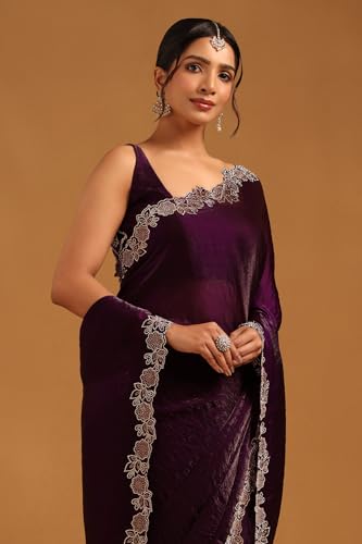 Soch Womens Purple Fendy Organza Saree With Stone Work
