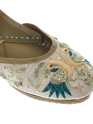 Fulkari Women's Peacock Peach Gold Soft Leather Embroidered Jutis | Bite and Pinch Free Jutti | Punjabi Formal Juttis | Girl's Wedding Flat Mojari | Formal Ethnic Juti | 36