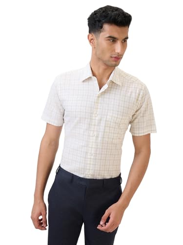 Raymond Men Regular Fit Checks Pattern Linen Blend Semicutaway Collar Half Sleeve Formal Shirt (Size: 42)-RMSY13522-F2 Yellow