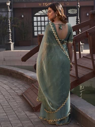 Womanista Women's Two toned jimmy choo saree with brocade blouse and embroidered lace(TI6867_olive green_Onesize)