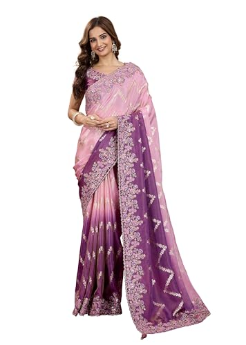 TRENDMALLS Women's Jacquard Silk Embroidery Saree with Unstitched Blouse Piece (K1172-Purple)