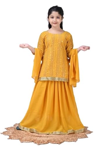SPAMitude - Georgette Sequin Lehenga Kurta, Skirt and Dupatta Set for Girls – Ethnic Party Dress I Birthday Dress I Trendy Classic I Round Neck Full Sleeves (Yellow, 12 to 13 Years)