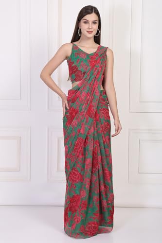 W for Woman Green Floral Printed Pre-Draped Georgette Saree with Blouse - (WS13897-127595-S)