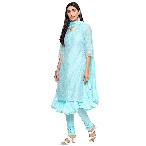 BIBA Women's Polyester Blend Embroidery Fitted Salwar Kurta Dupatta(SKDCHIKANKA8625_TURQUOISE_34)