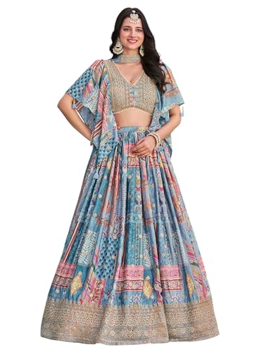 Zeel Clothing Women's Digital Print with Zari Dori Embroidery Work Chinnon Silk Lehenga Choli With Dupatta (7050-Women-Lehenga-Choli-New; Free size) (SkyBlue)