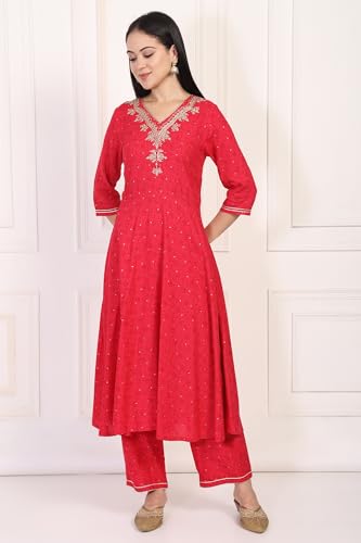 W for Woman Red Floral Print Zari Embroidered A-Line Kurta with Straight Pant (WS10102-125168-L)