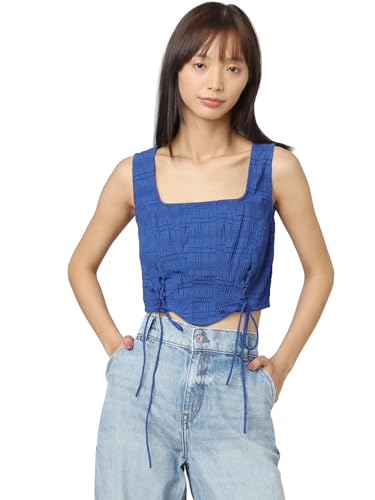 ONLY Women Self-Design Polyester Blend Blue Crop Top