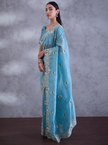 SAREE MALL Women's Light Blue Paper Silk Embroidered Saree With Unstitched Blouse (DHNIYA2032C_DC)
