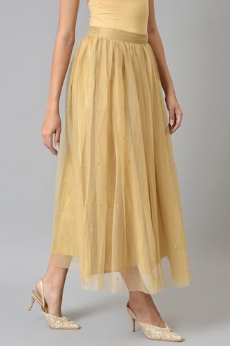 W for Woman Gold Solid Sequined Flared Mesh Skirt (W50471-218220-S)