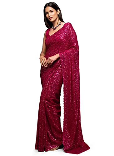 Zeel Clothing Women's Pink Sequins Work Heavy Georgette Saree with Blouse (1003-Hot-Pink-Sequins-Party-Saree, Hot Pink)