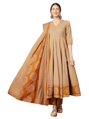 Kimayra Women's Cotton Calf Length Printed V-Neck Anarkali Kurta Suit Set(KIM9027PC3MUSTARD_S, Mustard)
