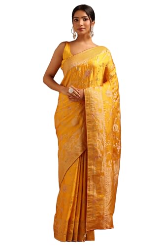 Soch Womens Mustard Satin Botanical Saree With Zari Woven