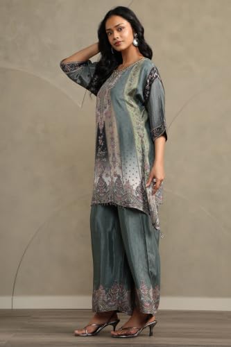 Soch Womens Teal Muslin Ethnic Motifs Printed Co-Ord Set With Beads