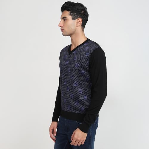 Raymond Men Regular Fit Wrapper Pattern Merino Wool Acrylic Blend Full Sleeve V Neck Casual Sweater Black