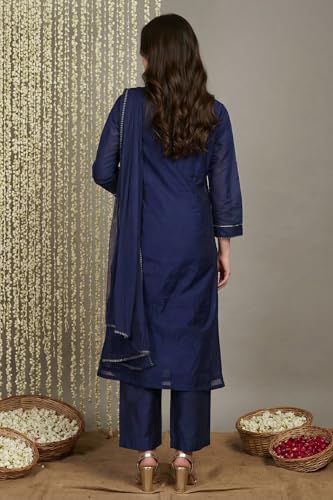 W for Woman Navy Blue Zari Chanderi Straight Kurta with Straight Pant and Dupatta Set - (WSST19985-213192-XS)