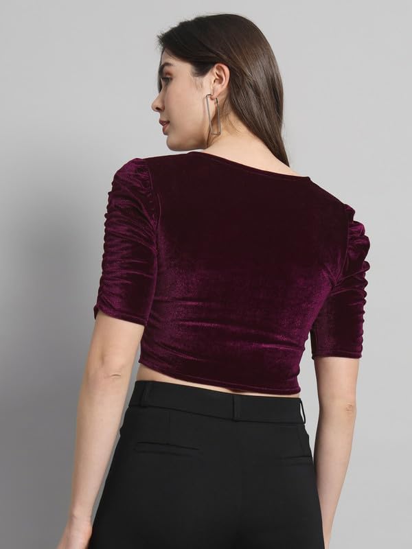 Vaararo Velvet Blouse Tops for Women | Party Puff Sleeves Readymade Outfit Wine XXX-Large