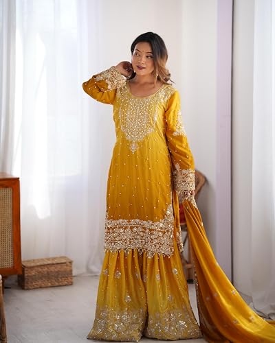 LEELI PEERI DESIGNER Women's Chinon Silk Mustard Embroidery Kurta Sharara Set With Dupatta(45PDM6-XL)