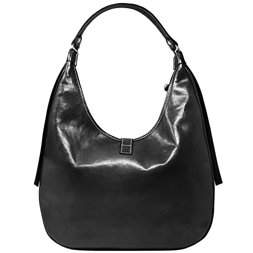 Floto Puglia Italian Leather Women's Shoulder Bag Handbag Purse, Black, Large