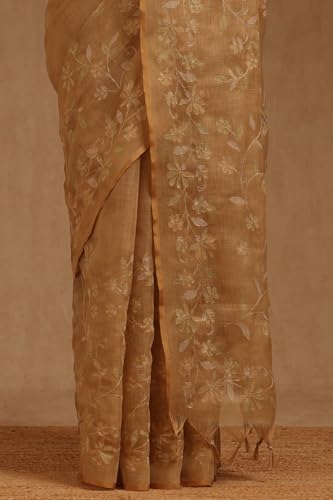 Soch Womens Gold Linen Floral Printed Saree With Zari