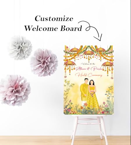 Party Perfect Designs Haldi Ceremony Welcome Board, Personalised Name & Date, Wedding Ubtan Decor, Multiple Design Variations 3mm and 5mm Thickness (Golden Amber)