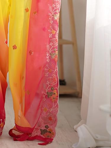 AKHILAM Women's Yellow Georgette Embroidered Saree With Unstitched Blouse (KESARI10703_KR)