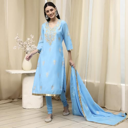 Biba Women Blue Poly Chanderi Fitted Kurta Set_34