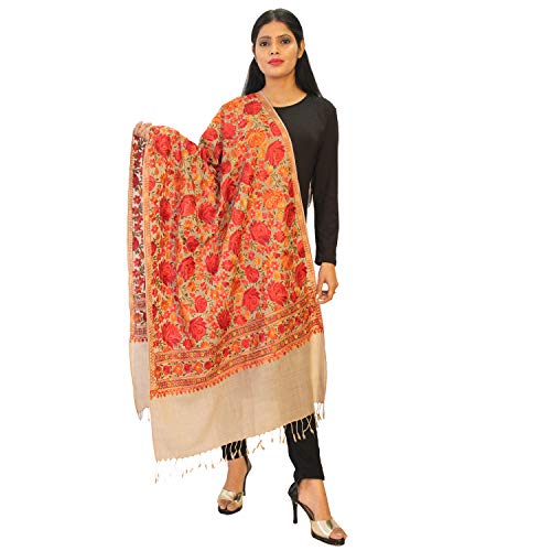 HAUTEMODA Women's Pashmina Stole With Floral Embroidery All Over (Ad002Msbg14_Beige_28" X80)