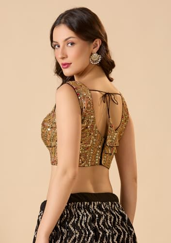 S SALWAR STUDIO Black Embroidered Georgette V Neck Sleeveless Readymade Blouse