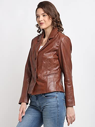 Teakwood Genuine Leather Soild Stylish Casual Blazer Jacket for Women (M- Brown)