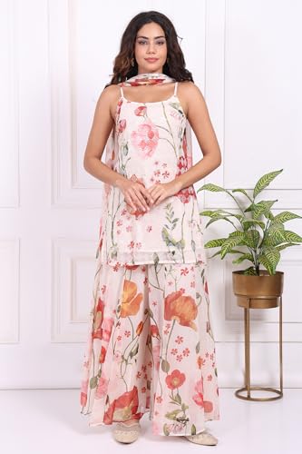 W for Woman White Floral Printed Crepe A-Line Kurta with Culotte and Dupatta Set - (WS13913-127594-XL)