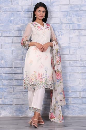 W for Woman White Floral Printed Beads Organza Straight Kurta, Straight Pant and Dupatta Set (Size: L)-WS12975-122012