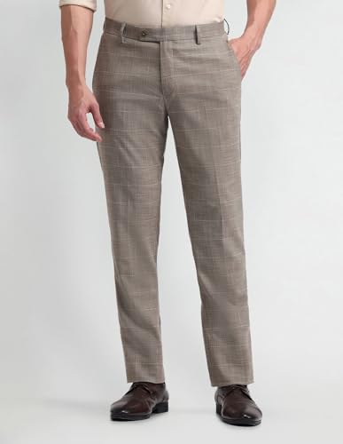 Arrow Men Tapered fit Polyester CheckedMid-Rise waistTrousers(ARAEOTR1648_Grey_34)