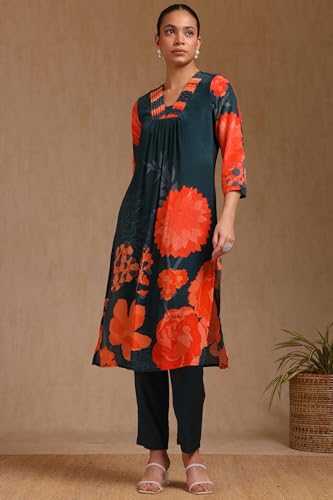 Soch Womens Teal Green Crepe Floral Print Suit Set With Beads