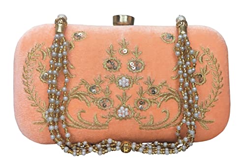 DUCHESS Peach Velvet Hand embroidered Clutch for Weddings