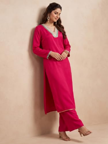 Varanga Women Red Kurta Trousers Set V Neck Silk Blend Zari
