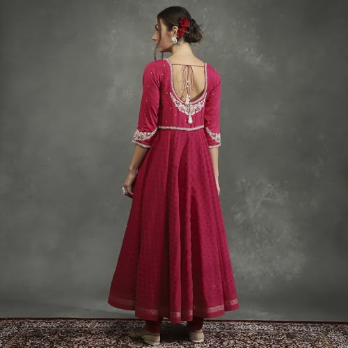 BIBA Women's Silk Chanderi Kurta Sets (CKD10745AW24FUS_Pink